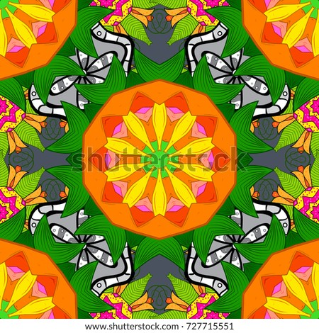 Flowers on green, orange and yellow colors. Seamless pattern with floral ornament.