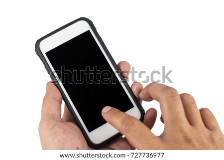 hand touching smartphone screen isolated with clipping path
