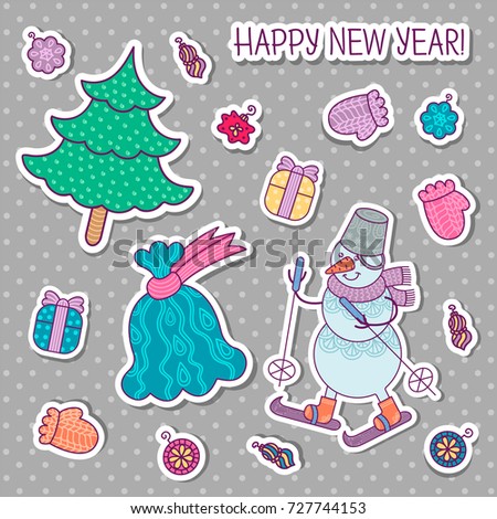 Collection of christmas decor icons: snowman on skis, New Year tree, bag with gifts, gifts, Christmas toys. Vector set is suitable for decorating cards, invitations, textile, wrapping and scrapbook. 