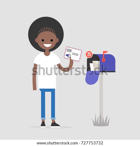 Young female character holding an envelope with the stamps. Paper letter. Correspondence / flat editable vector illustration, clip art