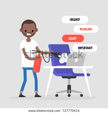 Troubleshooting, conceptual illustration. Young black character trying to extinguish a fire on his workplace / flat editable vector illustration, clip art