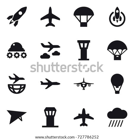 16 vector icon set : rocket, plane, parachute, lunar rover, journey, airport tower, air ballon, deltaplane, airplane, rain cloud