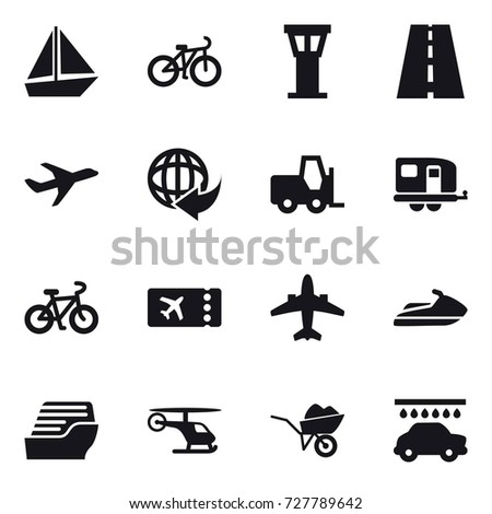 16 vector icon set : boat, bike, airport tower, trailer, ticket, airplane, jet ski, cruise ship, wheelbarrow, car wash