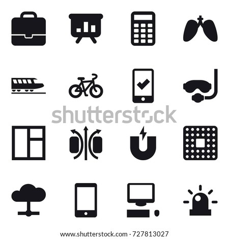 16 vector icon set : portfolio, presentation, calculator, train, bike, mobile checking, diving mask, window