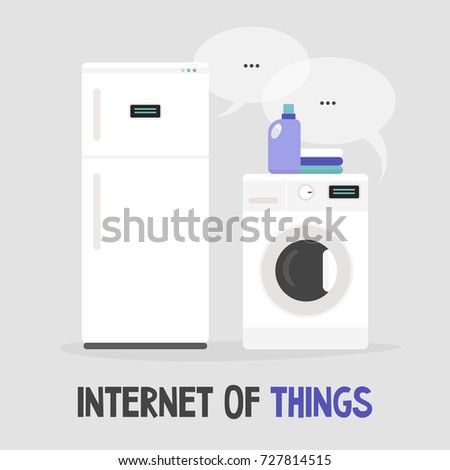 Internet of things, conceptual illustration. A data exchange between the refrigerator and the washing machine / flat editable vector illustration, clip art