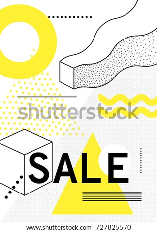 Universal trend poster with bright bold geometric yellow elements, chaotic composition in restrained sustained tempered style. Easy editable clipping mask. Magazine, leaflet, ad, typography, print