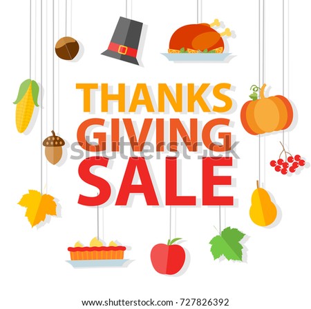 Thanksgiving sale sign, banner or poster, vector illustration. With icons set, Fall leaves, turkey bird, pumpkin pie etc.