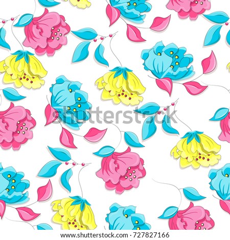 A seamless pattern consisting of bright peony flowers of yellow, pink, crimson, blue flowers with leaves and petals. Vector image.