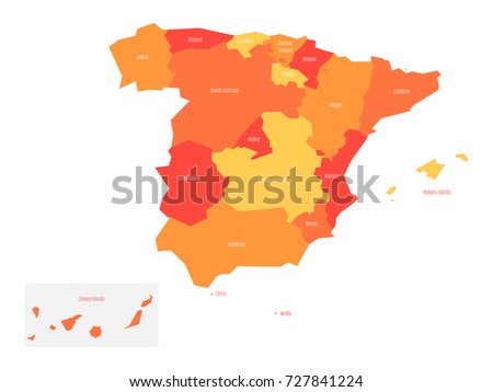 Map of Spain devided to 17 administrative autonomous communities. Simple flat vector map in shades of orange.