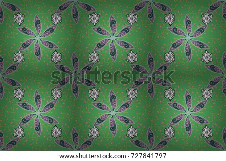 Green, neutral, purple on green, purple. Abstract seamless raster pattern with hand drawn floral elements. Retro textile design collection. 1950s-1960s motifs. Silk scarf with blooming flowers.