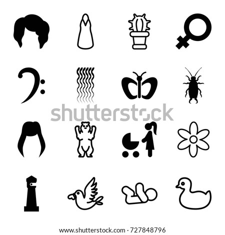 Beautiful icons set. set of 16 beautiful filled and outline icons such as beetle, lighthouse, butterfly, woman hairstyle, female, bass clef, bear, duck, baby, curly hair
