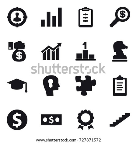 16 vector icon set : target audience, graph, clipboard, dollar magnifier, money gift, diagram, pedestal, chess horse, graduate hat, bulb head, puzzle, dollar coin, money, medal, stairs