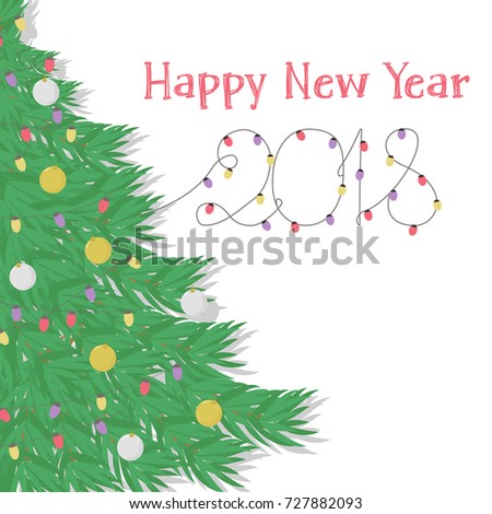 New 2018. Greetings with decorated Christmas tree and Christmas lights. Colorful vector illustration in cartoon style.