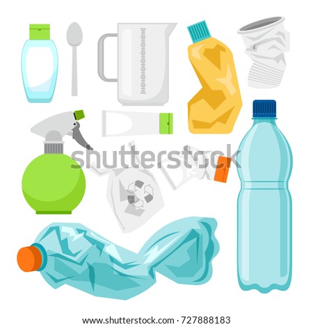 Plastic waste collection on white. Plastic bottles and another garbage, non-recyclable trash vector illustration Royalty-Free Stock Photo #727888183