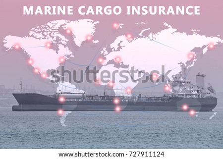 World map and ship on background. Concept of marine cargo insurance