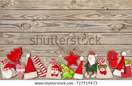 Christmas decoration and ornaments on rustic wooden background. Winter holidays banner
