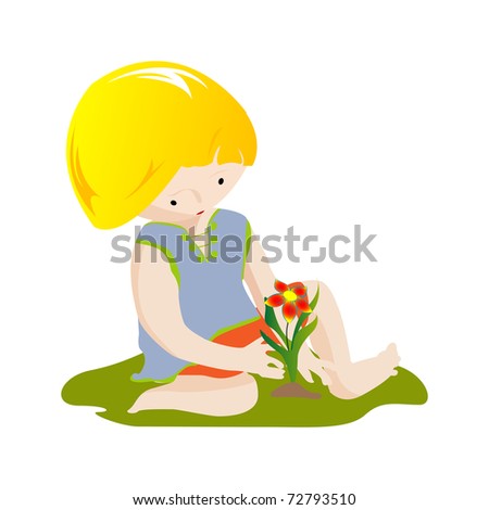 Cute boy planting a flower, clip art