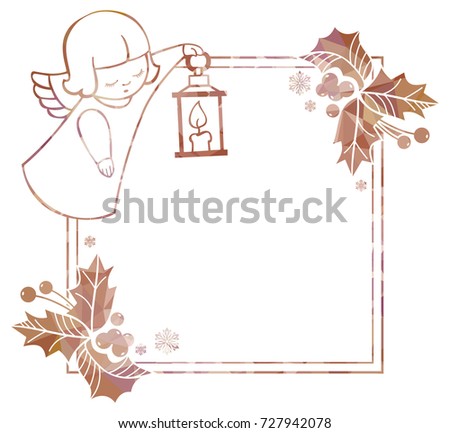 Christmas square sparkling frame with cute angels. Copy space. Christmas holiday background. Vector clip art.