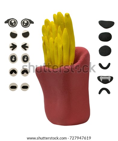Red and yellow plasticine French fried with mouth and eye for use on white