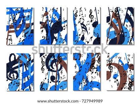 Musical Backgrounds for Posters. Set of 8 Editable Cover Designs with Notes, Bass and Treble Clefs. Vertical Rectangular Backgrounds with Music Symbols Covered with Clipping Mask. Vector Card Design
