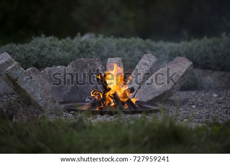 Bonfire in a campfire. The night is coming. Fire in a circle