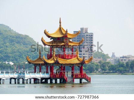 Kaohsiung , Taiwan , famous tourist attraction near Lotus pond , view from Tiger and Dragon temple