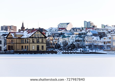 Tjornin Lake view during winter which is a prominent small lake in central Reykjavik, the capital of Iceland 