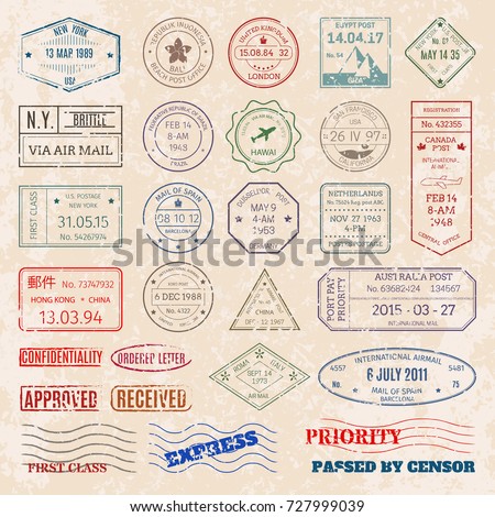 Vector set vintage postage stamps from countries all over world stamp different mail delivery postmark illustration. Royalty-Free Stock Photo #727999039