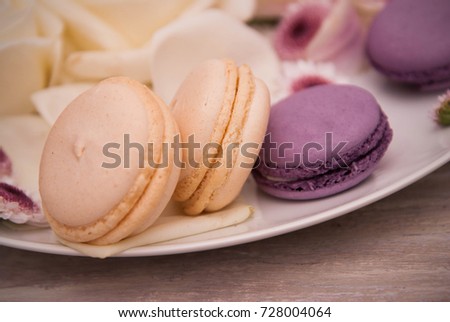 Purple Biscuits Desert Macaroons on white Pllte with Flowers on Background. Food photography. Orizontal image.