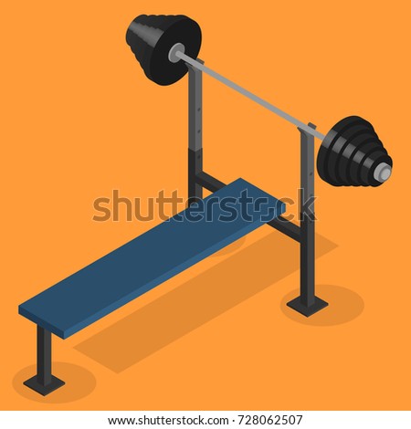 Sports equipment item. Barbell bench press, element design for gym. Flat 3D isometric style, vector illustration.