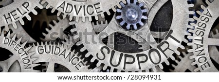 Macro photo of tooth wheel mechanism with SUPPORT, ADVICE, HELP, GUIDANCE, ASSISTANCE and DIRECTION words imprinted on metal surface Royalty-Free Stock Photo #728094931