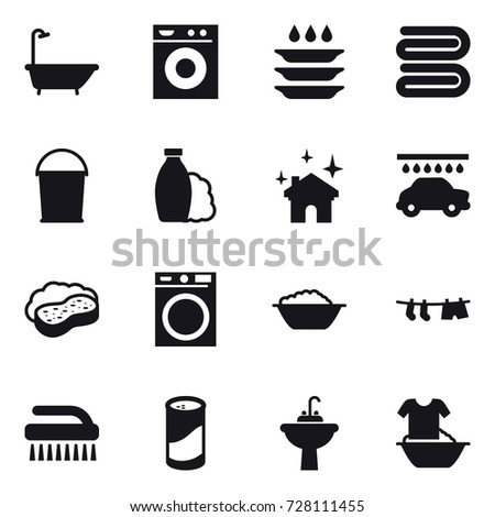 16 vector icon set : bath, washing machine, plate washing, towel, bucket, shampoo, house cleaning, car wash, sponge with foam, foam basin, drying clothe, brush, cleanser powder, water tap sink