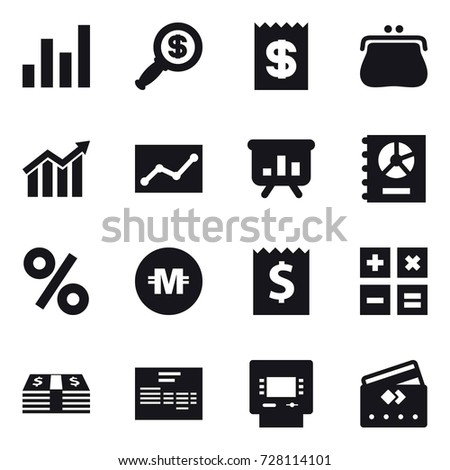 16 vector icon set : graph, dollar magnifier, receipt, purse, diagram, statistic, presentation, annual report, percent, crypto currency, calculator, atm, credit card