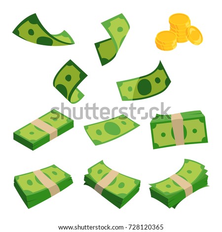 Bundles of dollars isolated on white background. Different banknotes set. Money cash and finance stack. Vector illustration Royalty-Free Stock Photo #728120365