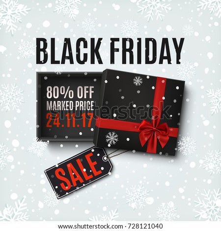 Black Friday sale design. Opened black empty gift box with red ribbon, bow and price tag isolated on winter background with snow. Template for, banner, brochure or poster.