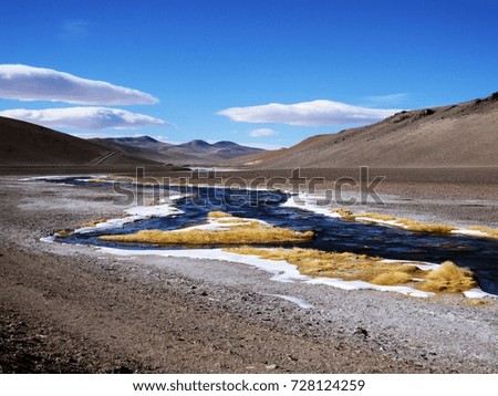 Colorful landscape of frozen lake, mountain and blue sky background, Paso de Jama from Chile to Argentina