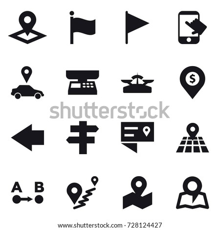16 vector icon set : pointer, flag, touch, car pointer, market scales, scales, dollar pin, left arrow, singlepost, map
