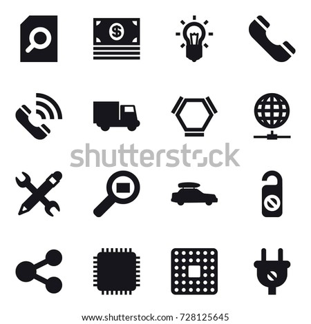 16 vector icon set : search document, money, bulb, phone, call, truck, hex molecule, globe connect, pencil wrench, car baggage, do not distrub