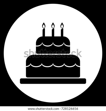 Vector illustration of Birthday cake icon in black on white circle shape background. Cake for birthday celebration with three candles. Happy birthday card.