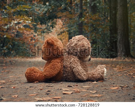 Teddy bears sit with their backs to each other. Autumn forest path. The concept of resentment, misunderstandings and conflict in relationships Royalty-Free Stock Photo #728128819