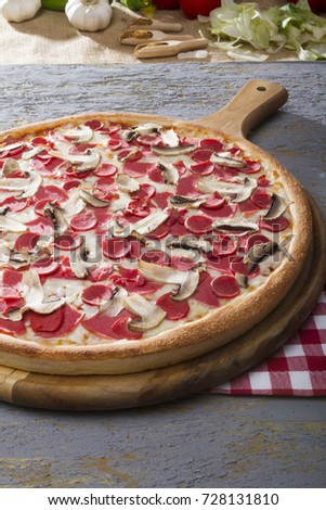 Italian Delicious Fresh Hot Mix Baked Pepperoni Pizza with Melting Mozzarella Cheese, thin sliced sausage, tomato sauce, mushroom, salami and ham serving on grey textured rustic background.