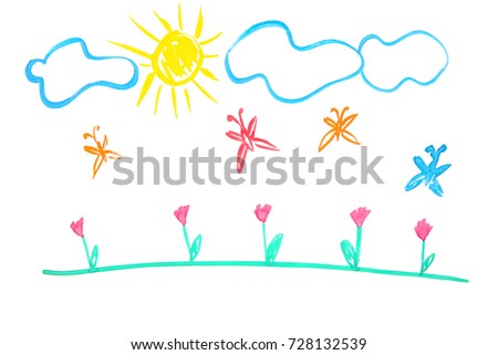 Child's painting of meadow with flowers on white sheet
