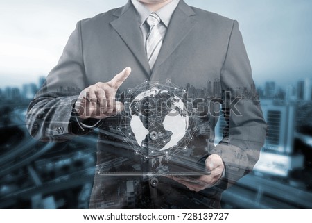Businessman hand touching virtual button on Earth map point with network connection, international meaning