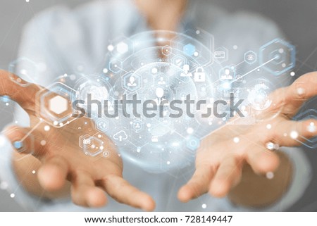 Businesswoman on blurred background using social network interface 3D rendering