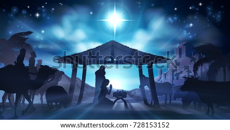 Christmas Nativity Scene of baby Jesus in the manger with Mary and Joseph in silhouette surrounded by animals and the three wise men magi. The city of Bethlehem is in the distance