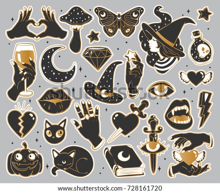Halloween set of patches with witch, pumpkin, vampire, black cat, magic book and other elements. Vector illustration isolated on grey background. Set of stickers, pins, patches in cartoon comic style.