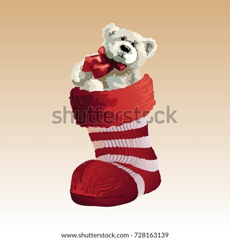 New Year. Christmas. Bear. Red christmas stocking for Santa's gifts cartoon. Vector illustration