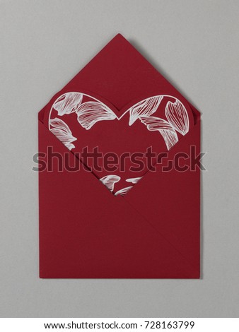 Red white and gray color mock-up of stationery, a template for brand identification on a background. For presentations and portfolio of graphic designers. Envelopes, sheets of paper, heart