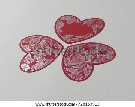 Red, silver and gray colors mock-up of stationery, a template for brand identification on a gray and white background. For presentations and portfolio of graphic designers. heart icons