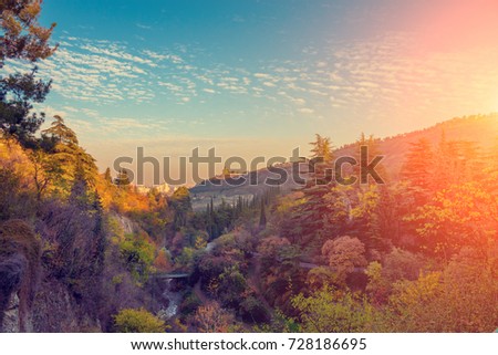 Panoramic view of botanical garden in Tbilisi city at sunset, Georgia country